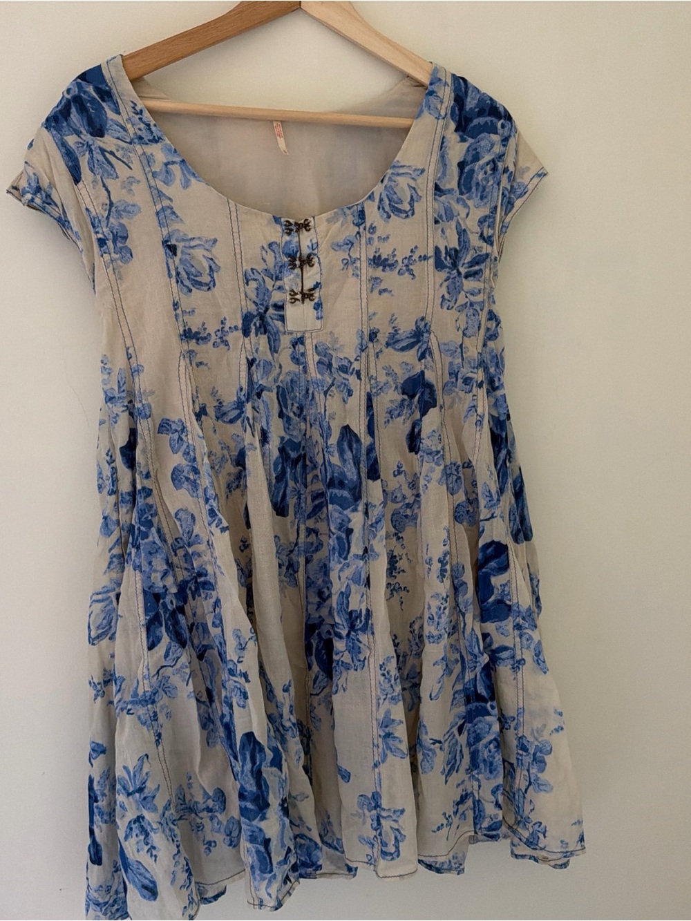 Free People Cream Tunic with Blue Floral Print with pockets